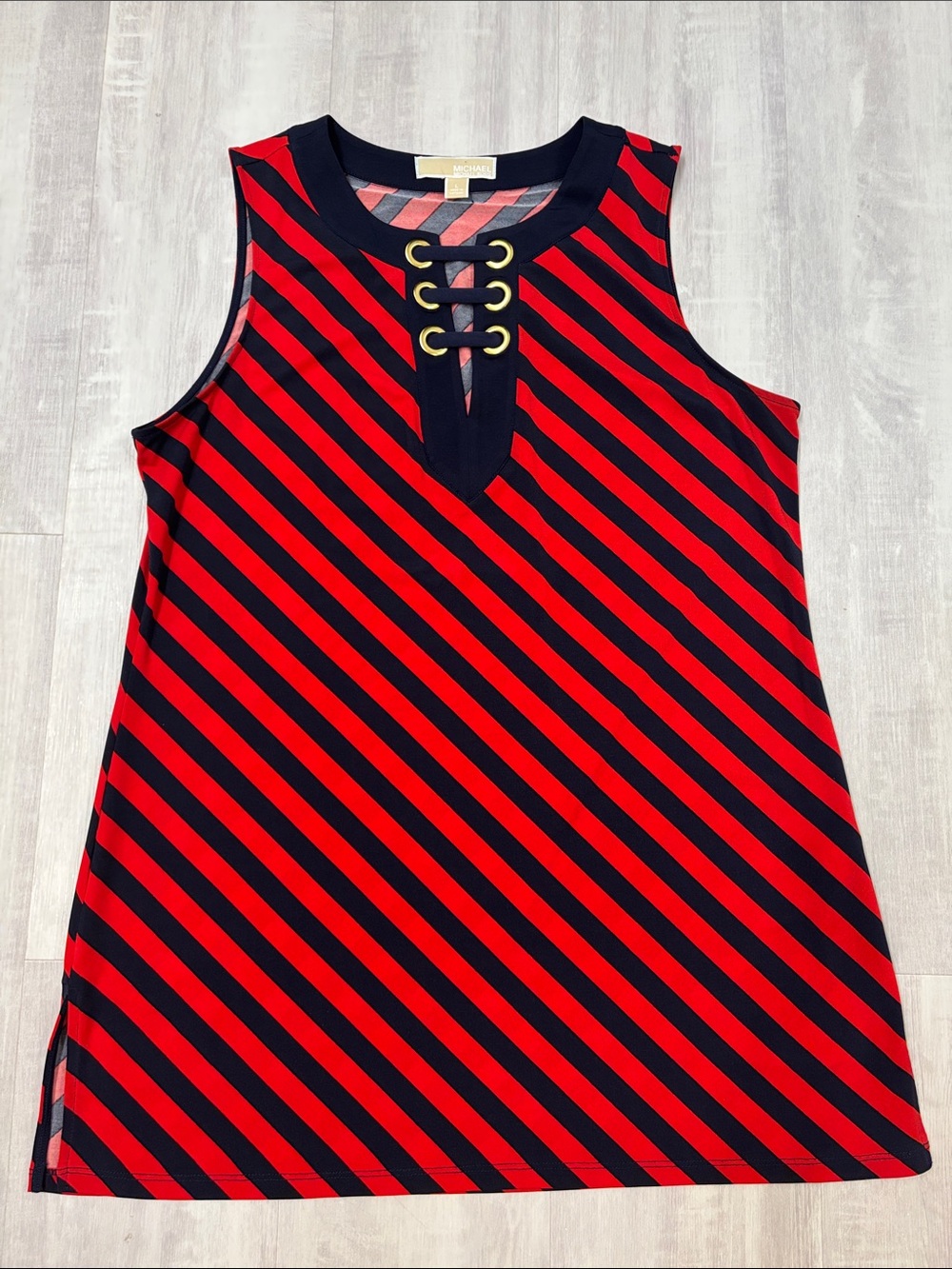 Michael Kors Red and Navy Diagonal Stripe Lace-Up Tank Preppy Large